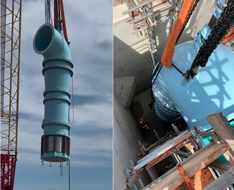 Submerged discharge valve being lowered in to position